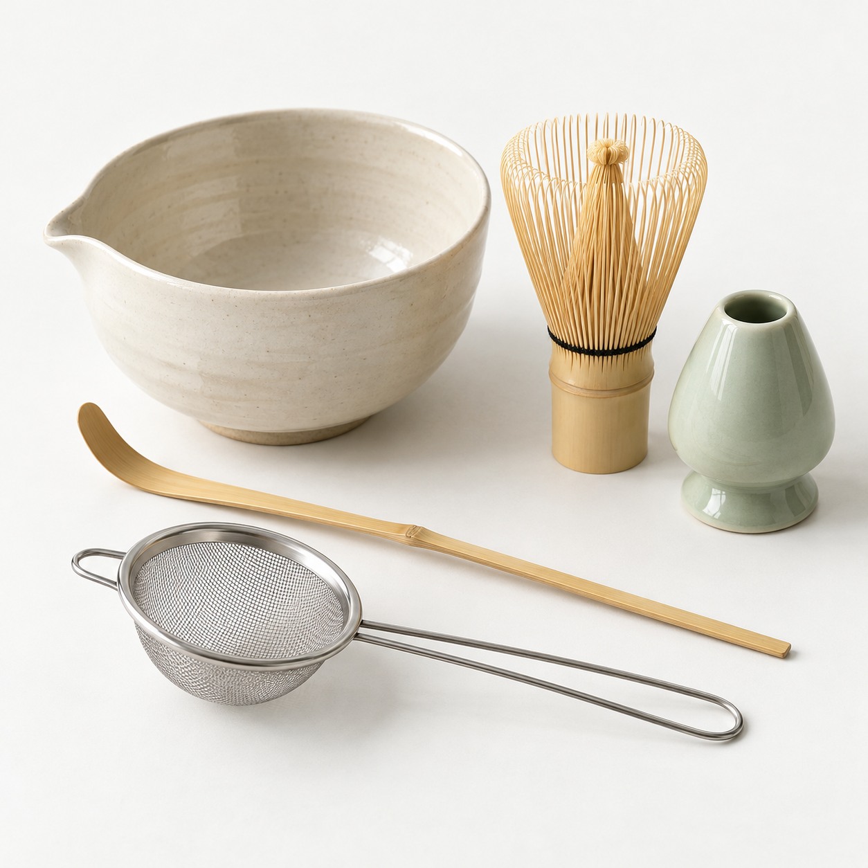 Concept illustration of a matcha bowl, bamboo whisk, whisk holder, scoop and fine mesh sieve