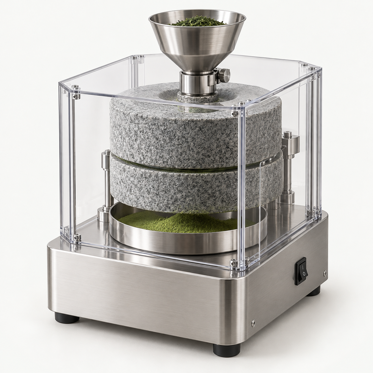 Concept illustration of an electric granite matcha stone mill with a clear enclosure