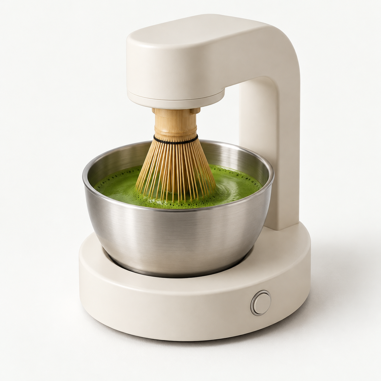 Concept illustration of a tabletop automatic matcha whisking station with bamboo whisk and mixing bowl