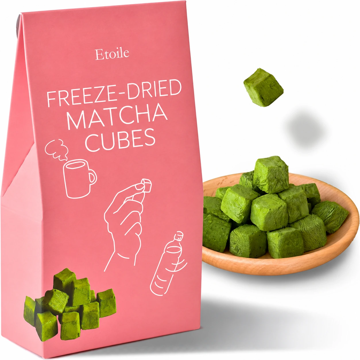 Etoile pink freeze-dried matcha cube packaging concept beside a wooden bowl of cubes
