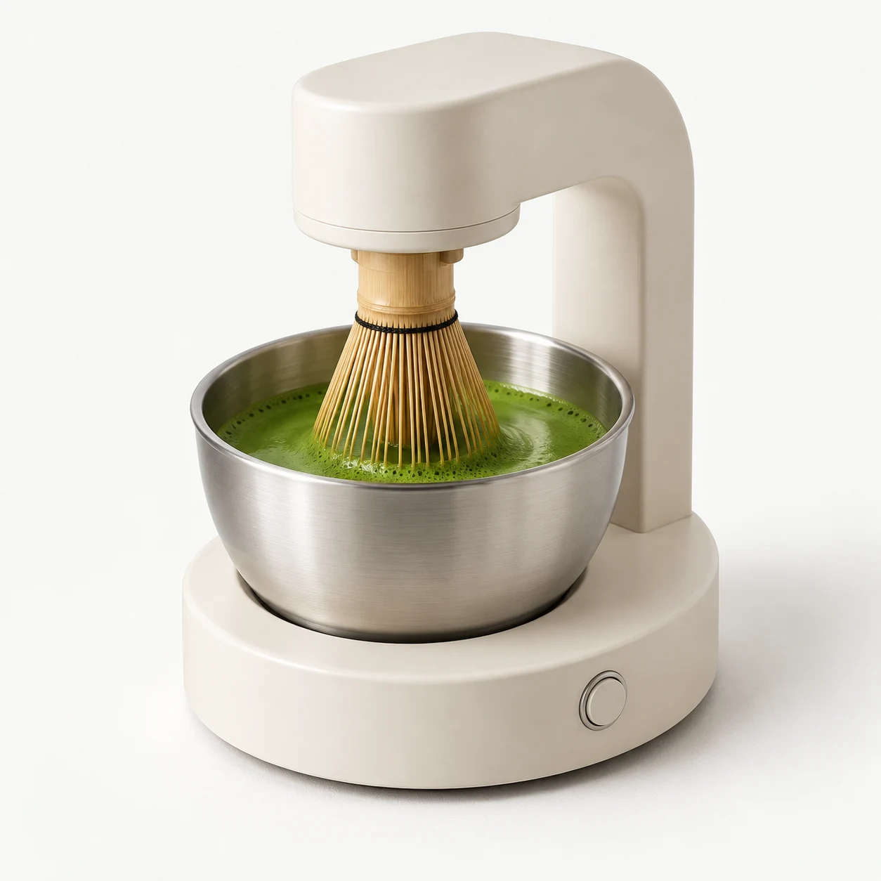 配有竹茶筅和搅拌碗的桌面自动抹茶搅拌机概念图