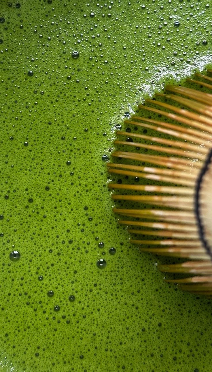 Freshly whisked matcha and a bamboo whisk